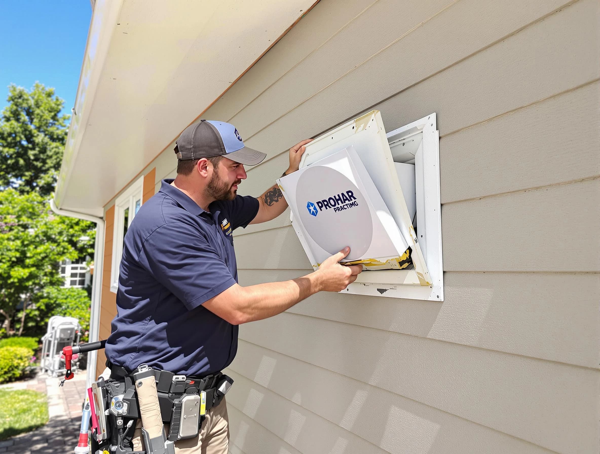 Robinson Dryer Vent Cleaning technician installing a new protective dryer vent cover on a home in Robinson
