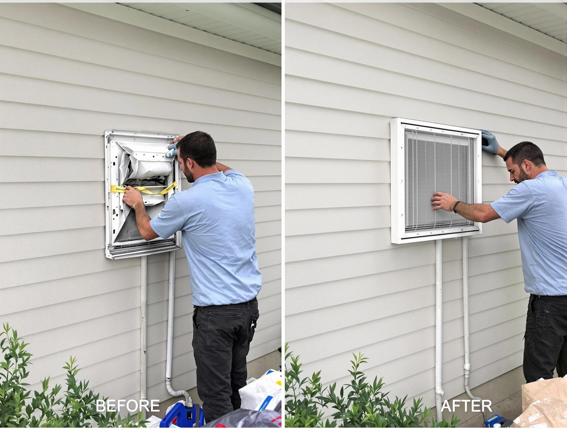 Robinson Dryer Vent Cleaning technician installing high-quality dryer vent cover at a residential property in Robinson