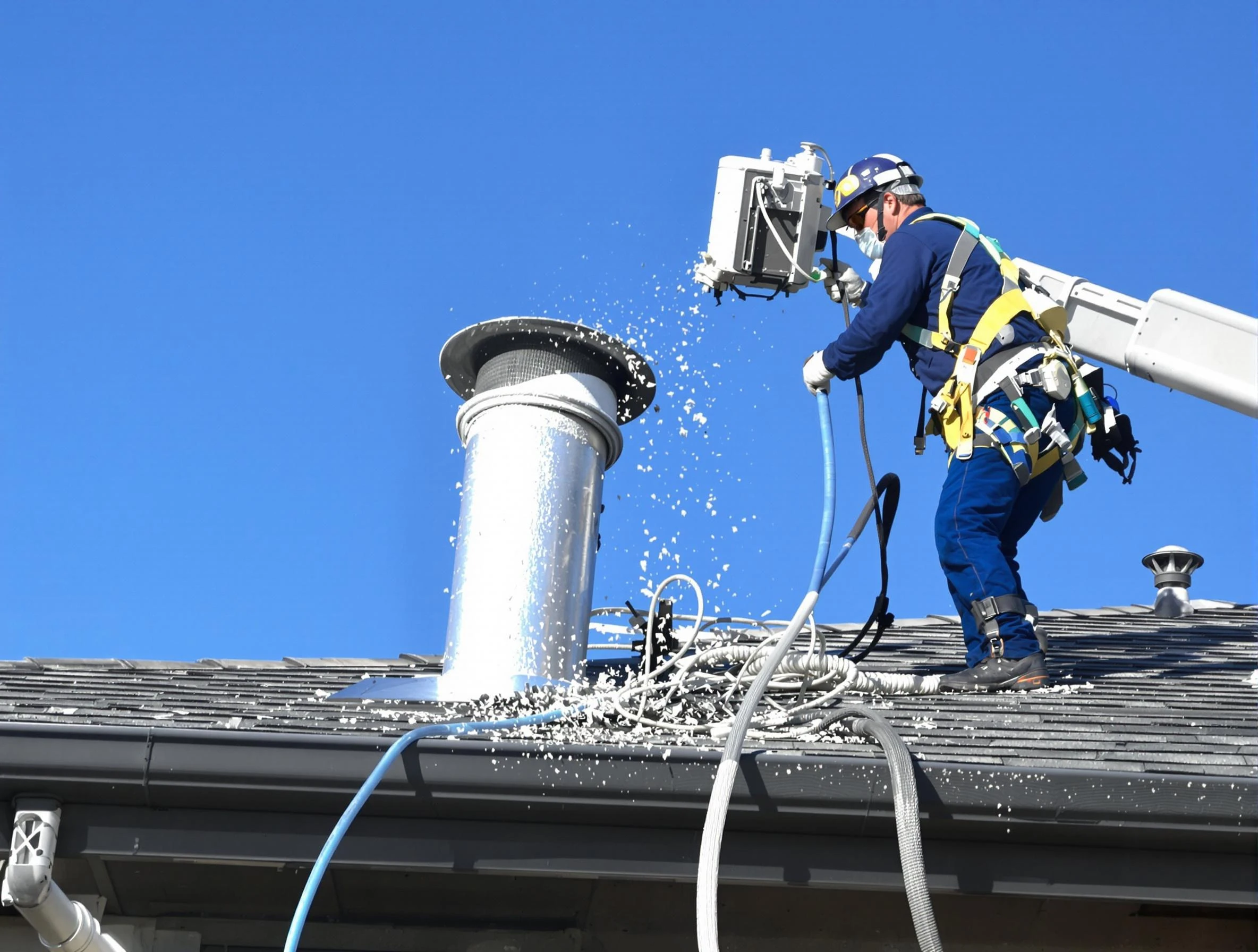 Robinson Dryer Vent Cleaning certified technician safely cleaning a roof-mounted dryer vent in Robinson